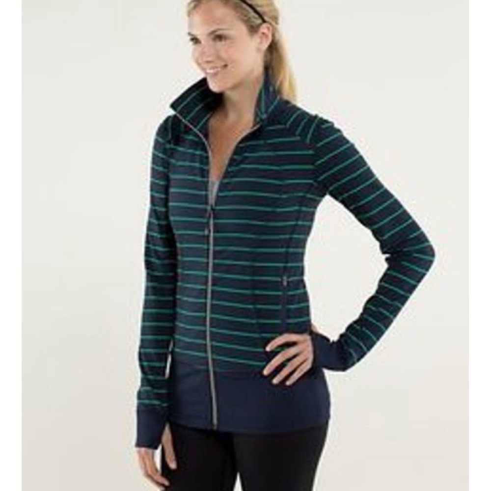 Lululemon Nice Asana Jacket Green Navy Stripe Full Zip High Neck See Dimensions